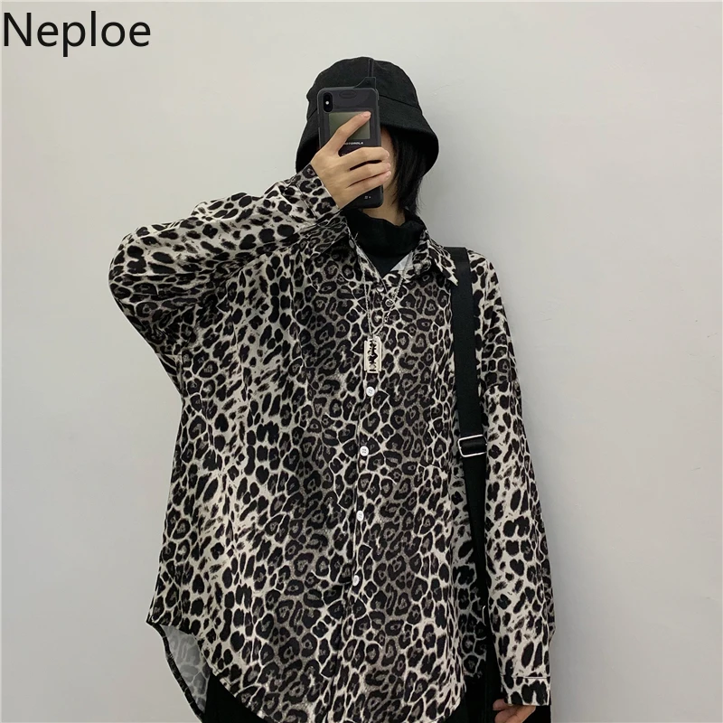 Женская блузка с леопардовым принтом Neploe винтажная однобортная длинным рукавом