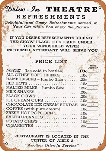 

1950 Drive in Theater Menu Wall Poster Tin Sign Vintage BBQ Restaurant Dinner Room Cafe Shop Decor