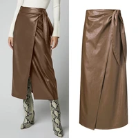 zanzea womens pu leather 2021 stylish button skirts high waist split lace up midi skirts female solid robe oversized vestidos
