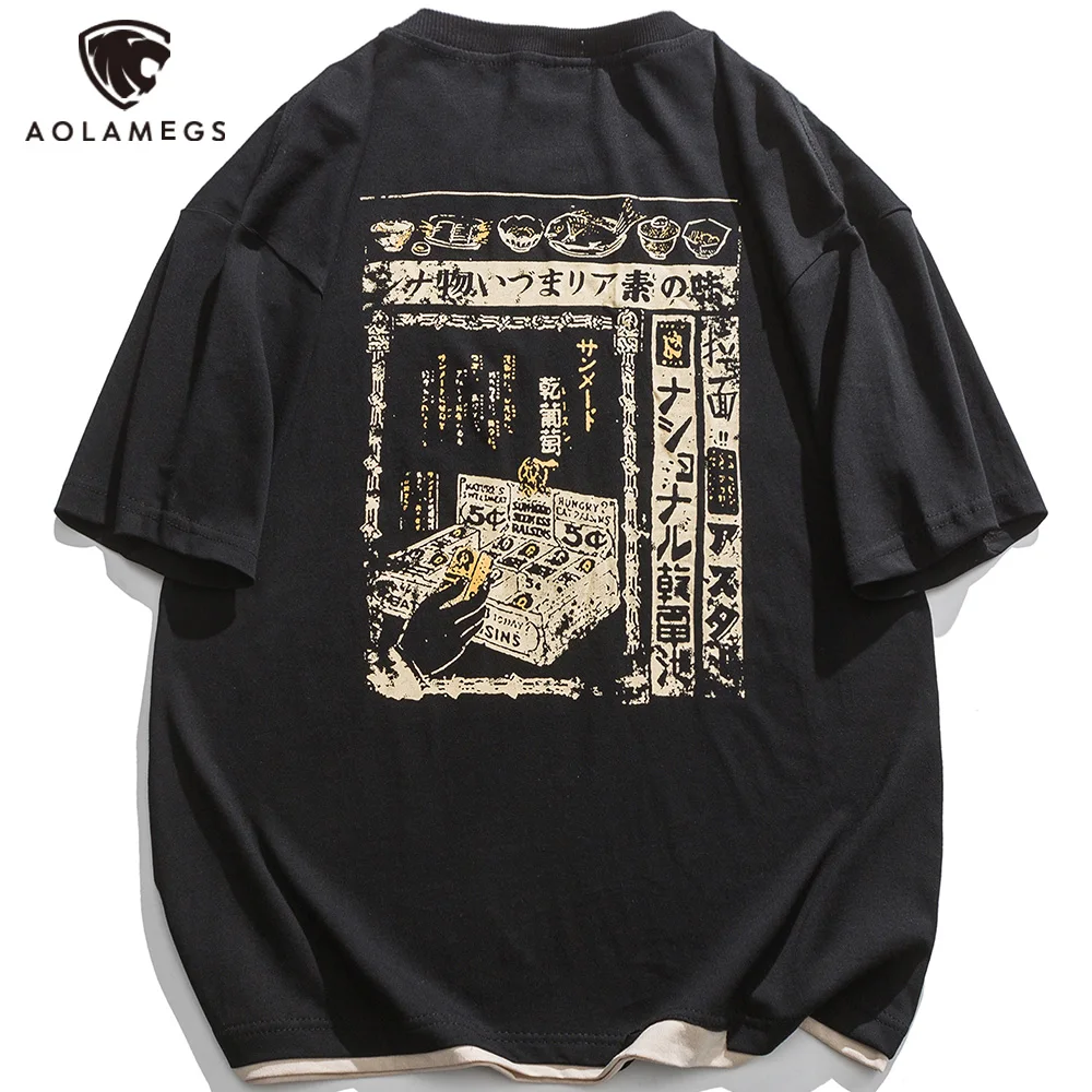 

Aolamegs Oversized T-shirt Short Sleeve Men's T-Shirts Japanese Harajuku Kanji Pattern Print Tee Shirt For Men Streetwear Summer