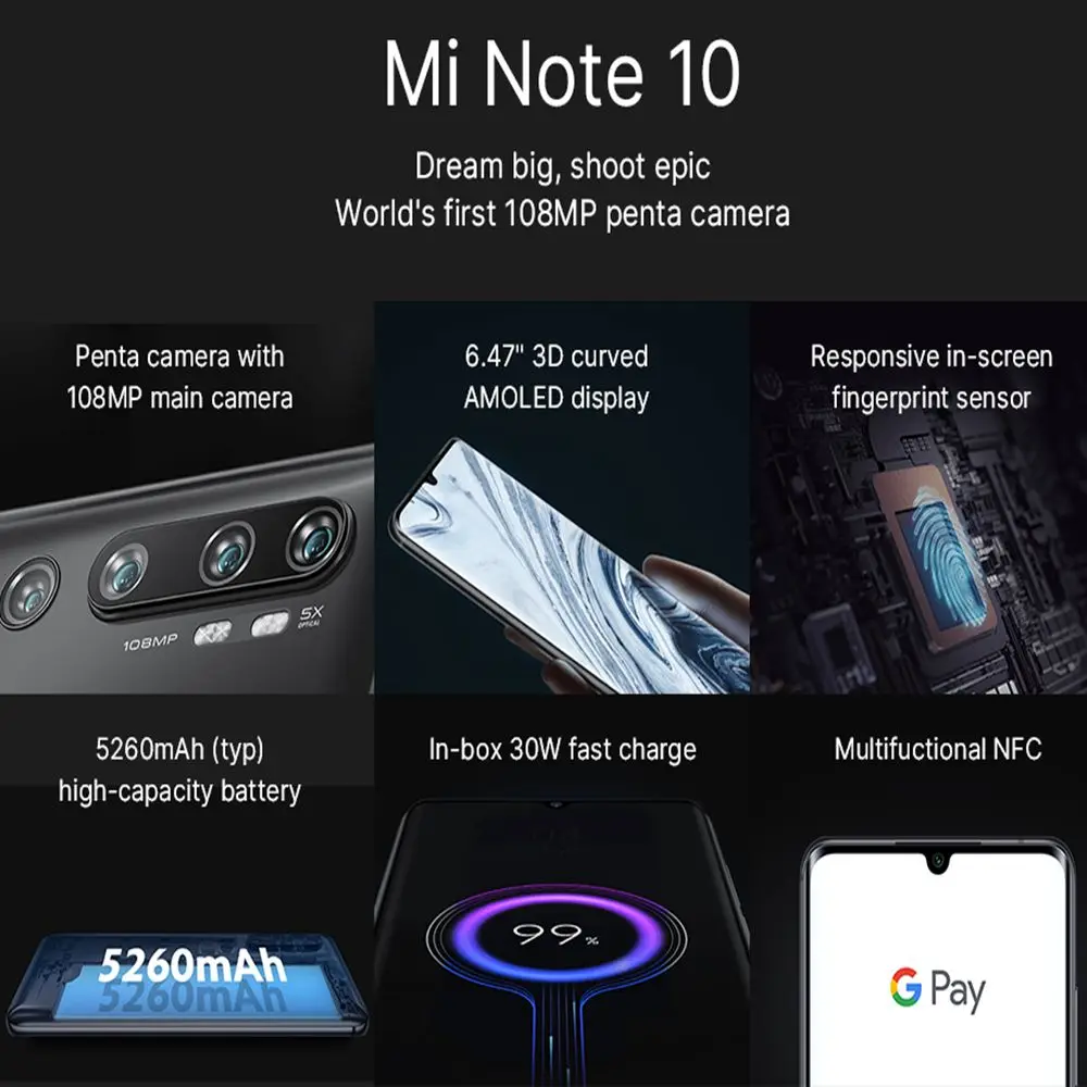 Xiaomi Mi Note 10 ( CC9 Pro ) Глобальная версия phone 108MP камера 6 ГБ 128 Snapdragon 730G 4G Celluar NFC Google Play 5260