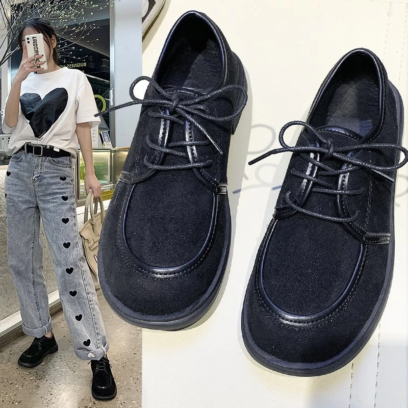 

Spring and Autumn Fashion Women's Flat Casual Shoes Black Lace-up Leather Shoes Round Toe Loafers