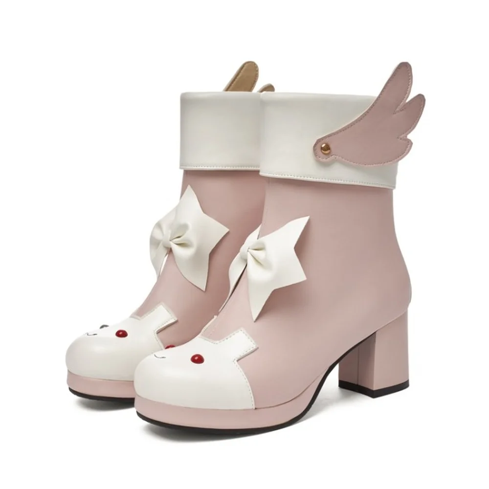 

OEING Womens Round Toe Rabbit Bowknot Ankle Boots Block High Heel Wing Decor Shoes Fleece Thick Lolita Sweet Cosplay Girls Size