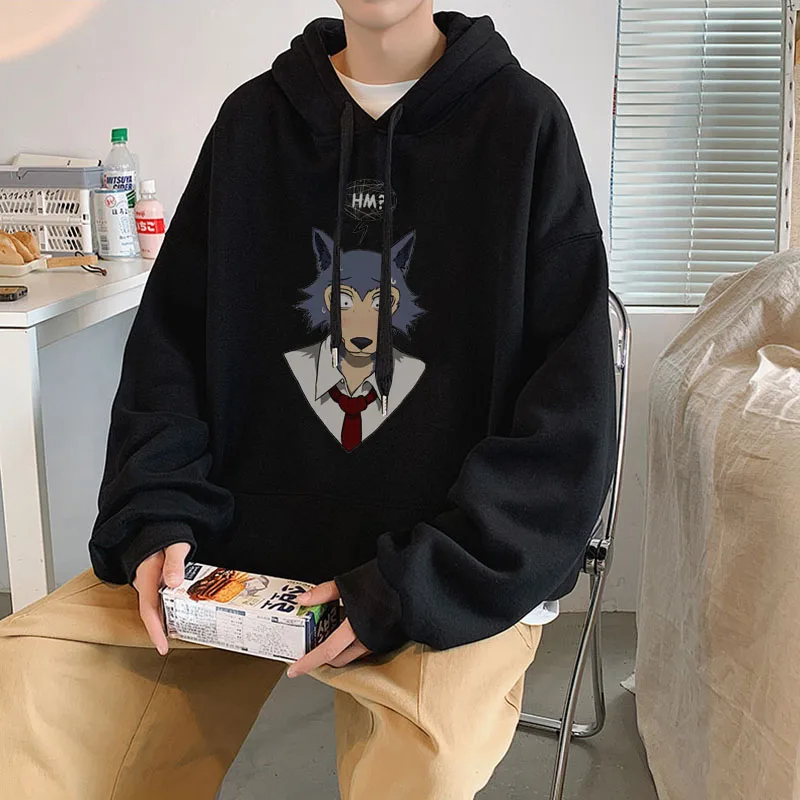 

Men Warm Oversized Hooded Beastars Print Casual Loose Pocket Fleece Sweatshirt Streetwear Autumn Winter Harajuku Pullover Hoodie