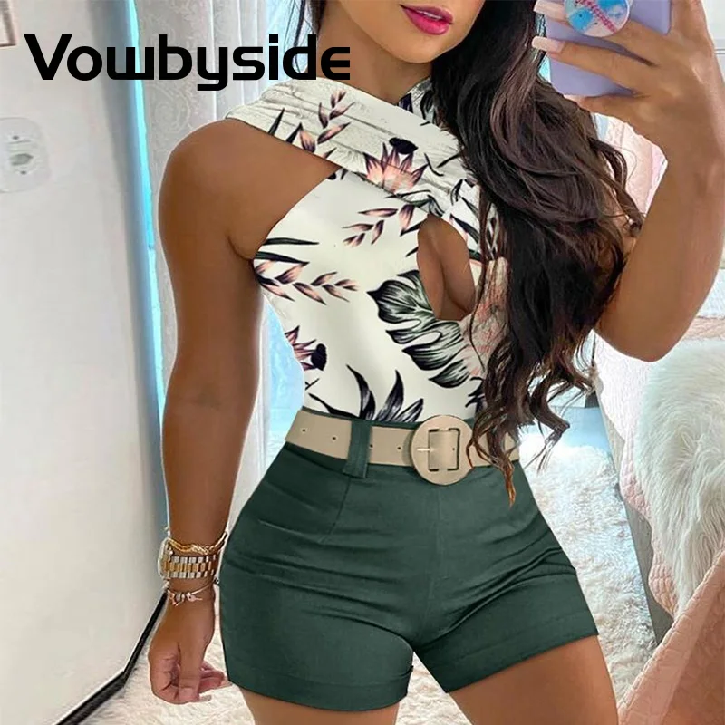 

Halter Cutout Floral Print Top & Shorts Sets