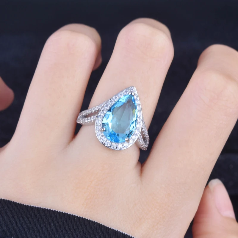 

Delicate Double-Deck Geometry Ring Inlay Blue Water Drop Cubic Zirconia Europe America Jewelry For Women Wedding Engagement Gift