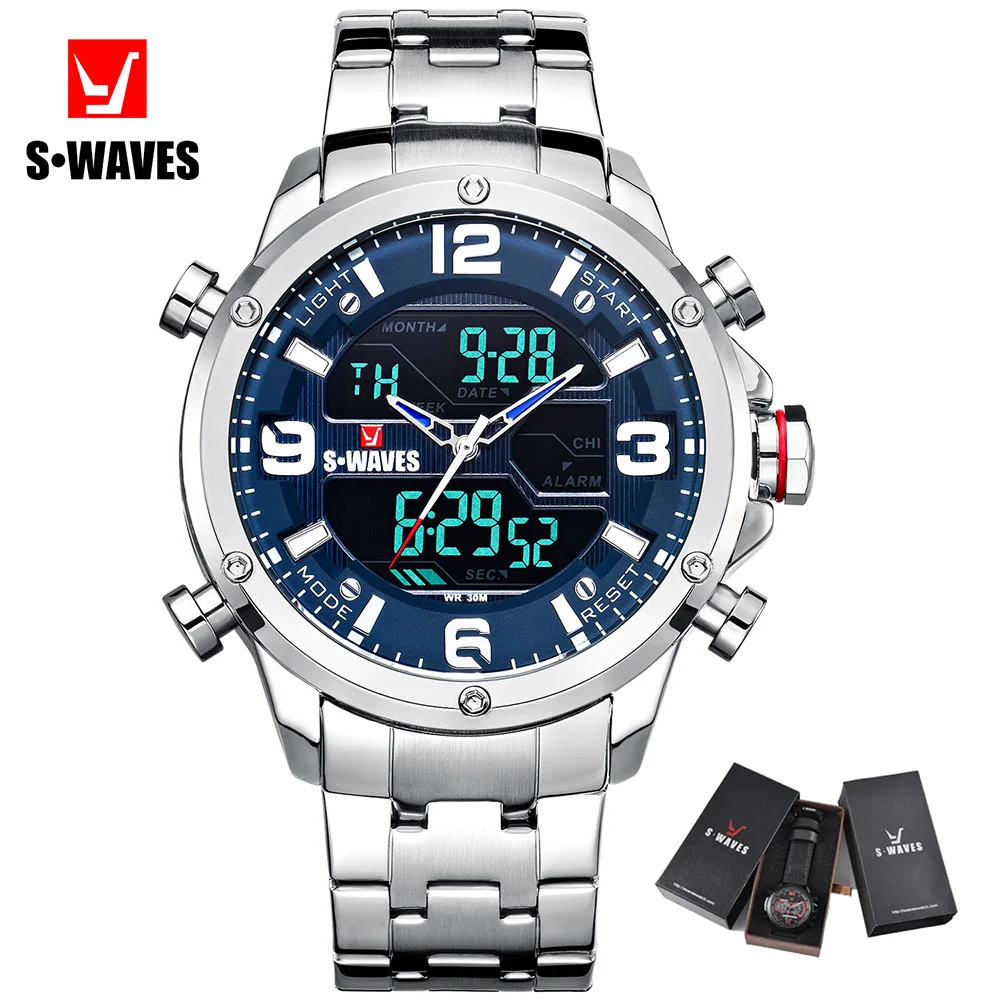 

SWAVES Quartz Watches Mens 2019 Analog Digital Clock Relojes Hombre Stainless Steel Waterproof Unique Army Men Watch With Box