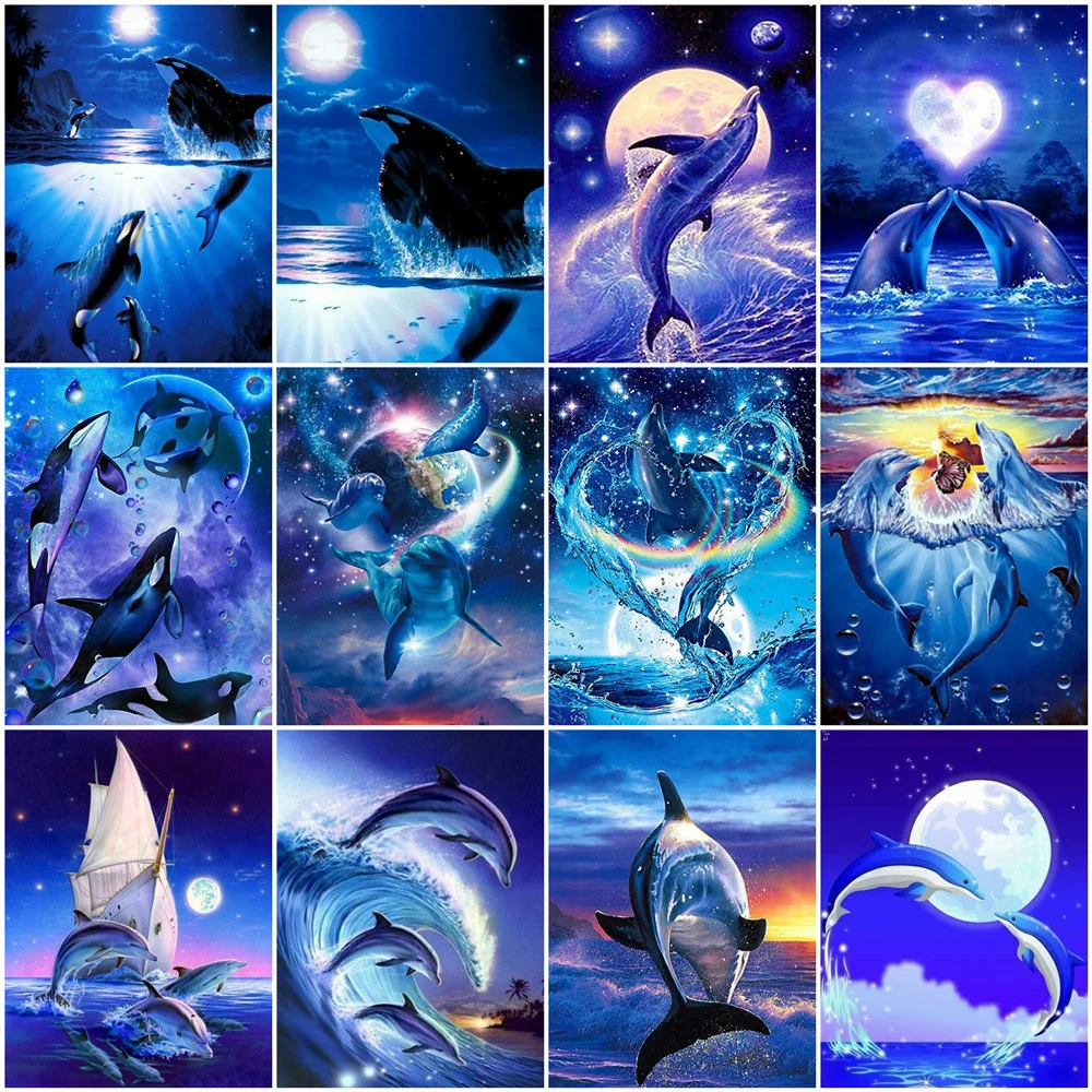 

HUACAN Full Square Diamond Painting Animal 5D Diamond Embroidery Dolphin DIY Painting Rhinestone Cross Stitch Wall Art