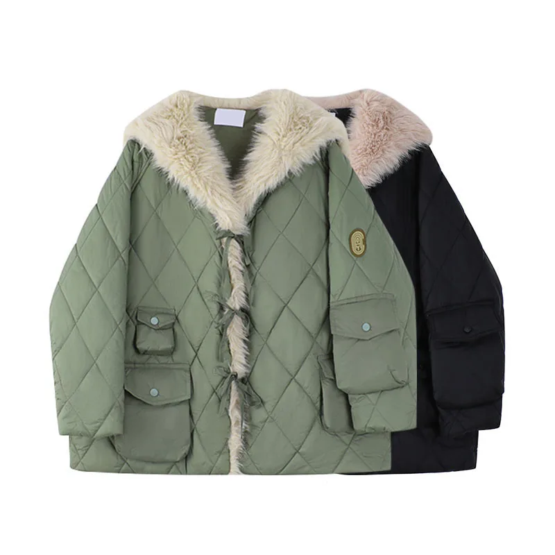 

Women Plush Parka Coat Rhombus Plaid Down Jackets Fashion Vintage Warm Thick Oversized Coats Female Streetwear Puffer Jacket