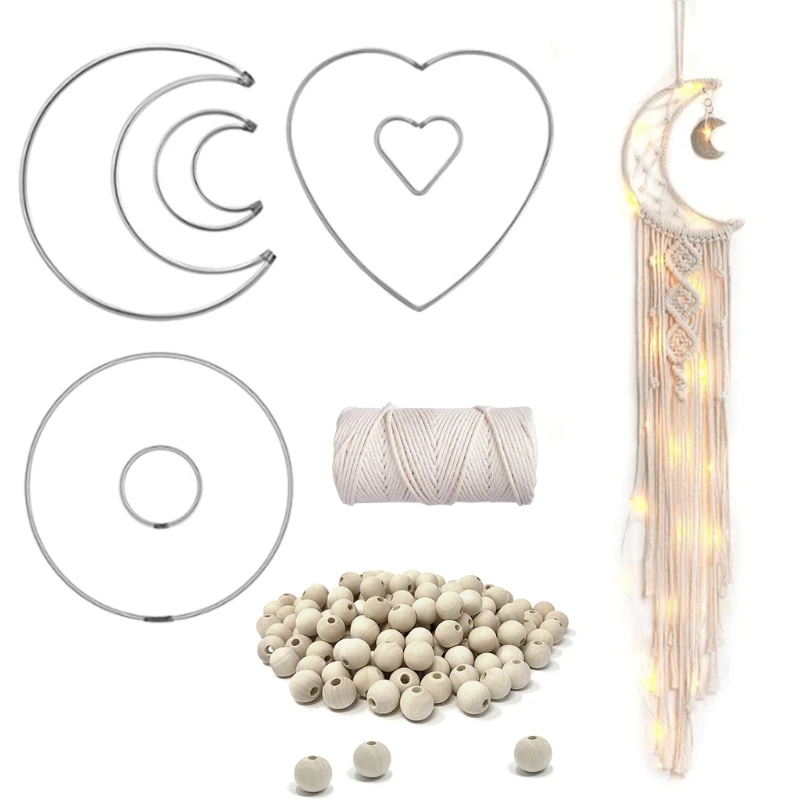 

Macrame Ring Set Heart Circle Moon Dreamcatcher Rings with Macrame Rope 100 Pieces Wooden Beads for DIY Dream Catcher Kit