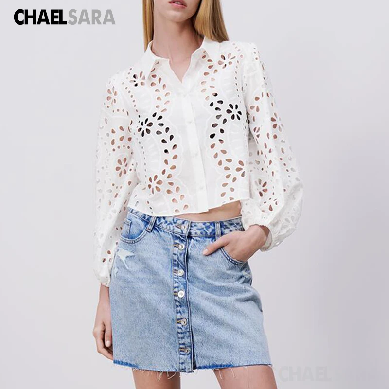 

2021 Spring Autumn Women White Sexy Hollow Shirt Chic Embroidery Long Sleeve Short Tops And Blouse Female Blusas Chemise