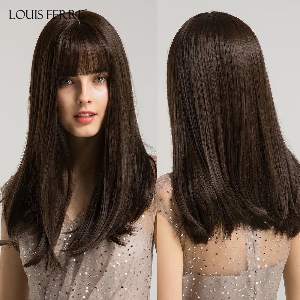 

LOUIS FERRE Long Straight Dark Chocolate Brown Synthetic Wigs for Women Cosplay Daily Wig with Bangs Lolita Heat Resistant Fibre