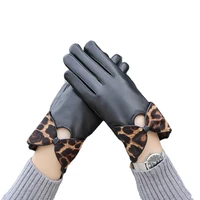 winter genuine leather warm driving gloves women novelty leopard print bowknot sheepskin mittens guantes