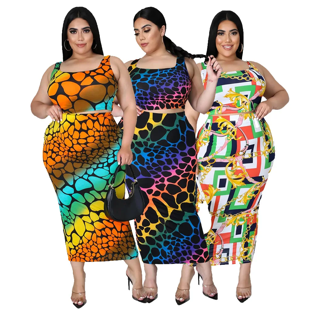 

2021 Fashion Top Four Seasons Sexy Women's Fat Lady Large Size Irregular Print Straps Ladies Casual Dress Set MM2116