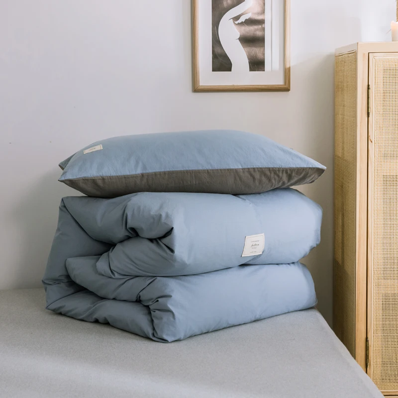 

Bedding Set Quilt Soild Color Queen 100% Cotton Reversible Gray Blue Duvet Cover AB Version 87x94 In Breathable Comfortable