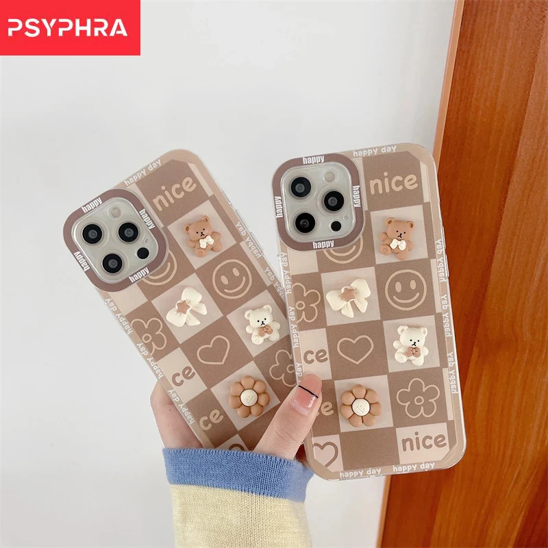 

Ins Korean 3D Sweet Bear Girl Gift Soft Silicon Phone Case For iPhone 13 12 11 Pro Xs Max X Xr 7 8 Plus Retro Lattice Cover