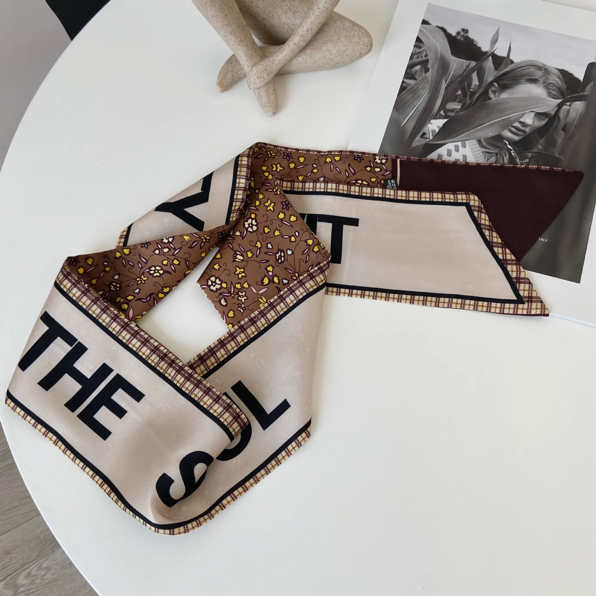 

Thin and Narrow Long Scarf Women's Summer Clothes Tied Bag Silk Scarf Small Silk Ribbon Printed Double-Layer