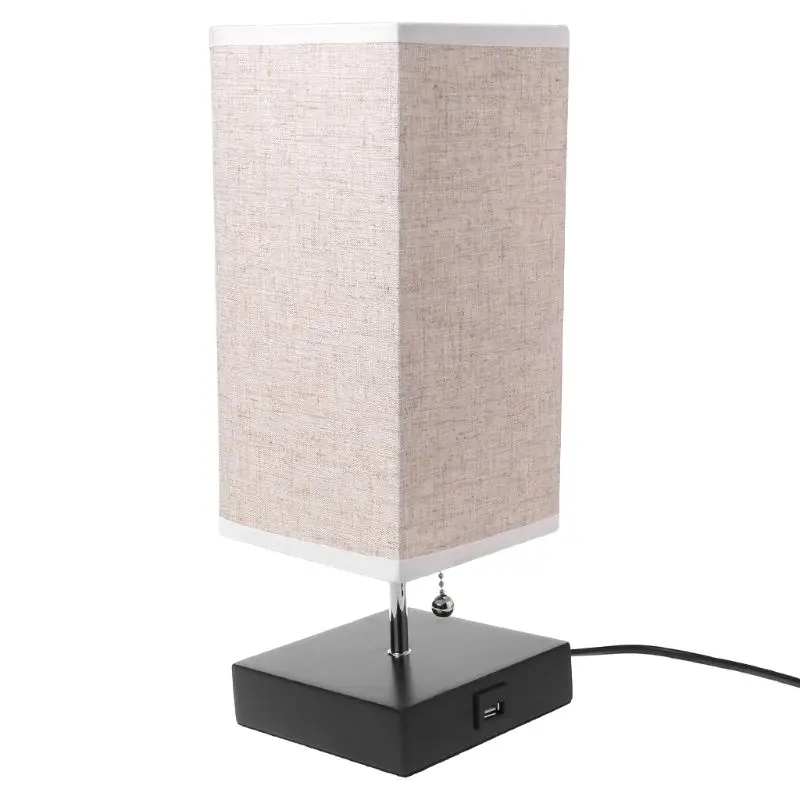 

Wood Base Fabric Shade Bedside Table Lamp, With USB Port & Pull Switch Modern Design, Creative Lamps for Bedroom Hotel