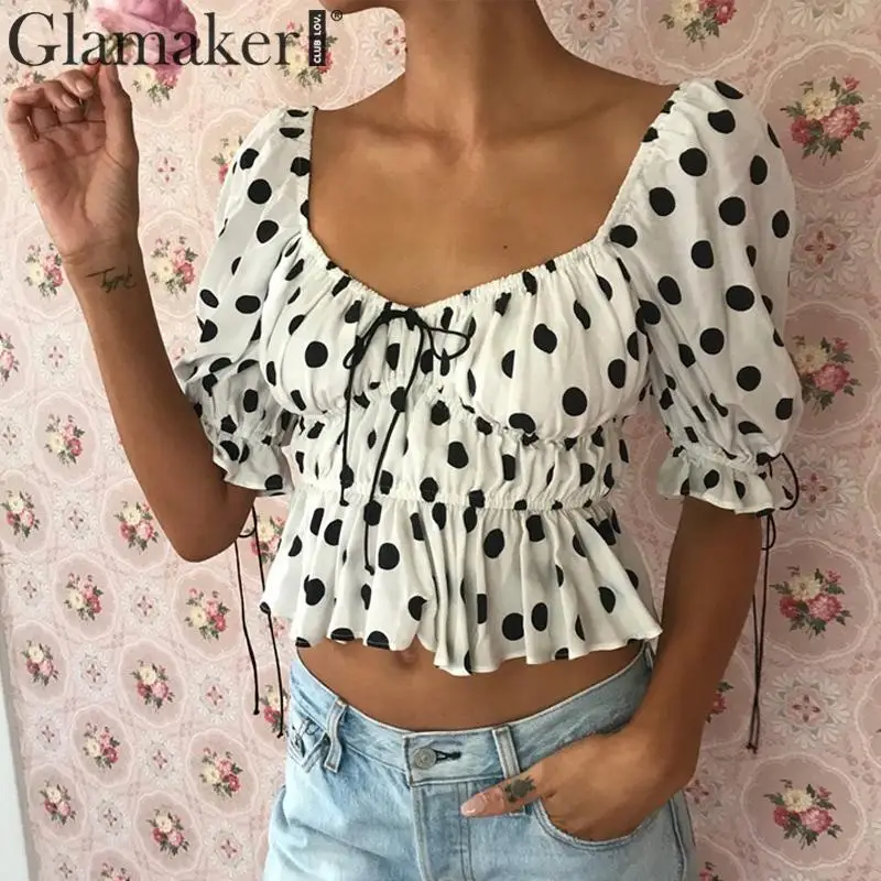 Glamaker, блузка в горошек с оборками, рубашка, Женская Осенняя блузка на шнуровке, укороченный топ, новинка, топ с пышными рукавами и квадратным воротником, зимний