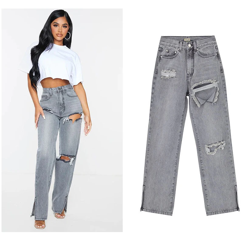 Прямые рваные джинсы с высокой талией для мам женские брюки Повседневная Уличная