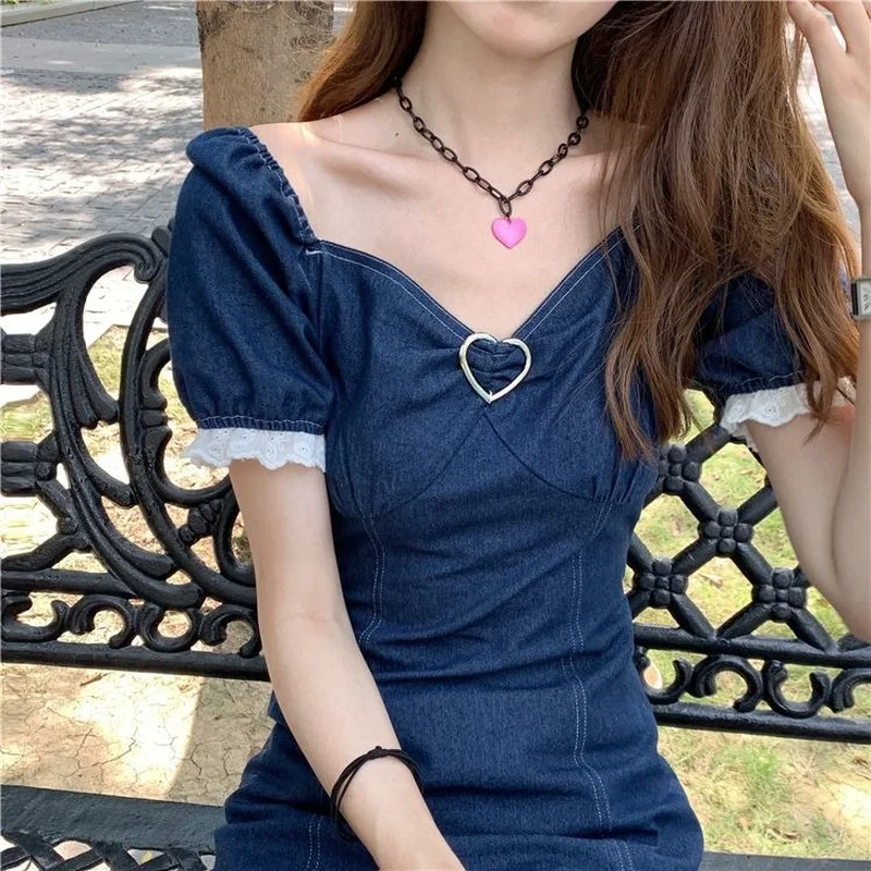 

Denim Dresses Women Summer New Design Puff Sleeve Sweet Ruffles Harajuku Mini College All-match Vacation Fashion Ladies Casual