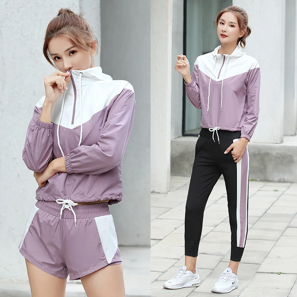 Set of 6 Pieces for Outdoor Activities, Women's Set of Trousers + Hooded Jacket + T-Shirt + Bra + Shorts, Tracksuits Women 2021