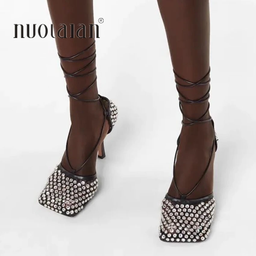 

Sexy Black Crystal Lace Up High Heels Women Sandals Rhinestone Square Toe Designer Party Shoes Woman Ankle Strap Summer Sandals