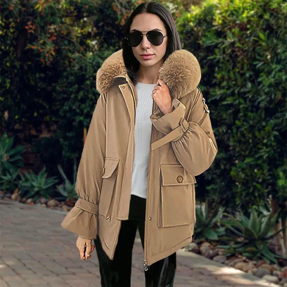 

2021 Autumn Winter New Cotton Padded Jacket Fashion Thicken Arm Fur Collar Plus Velvet Zipper Long Sleeve Hooded Cotton Jacket