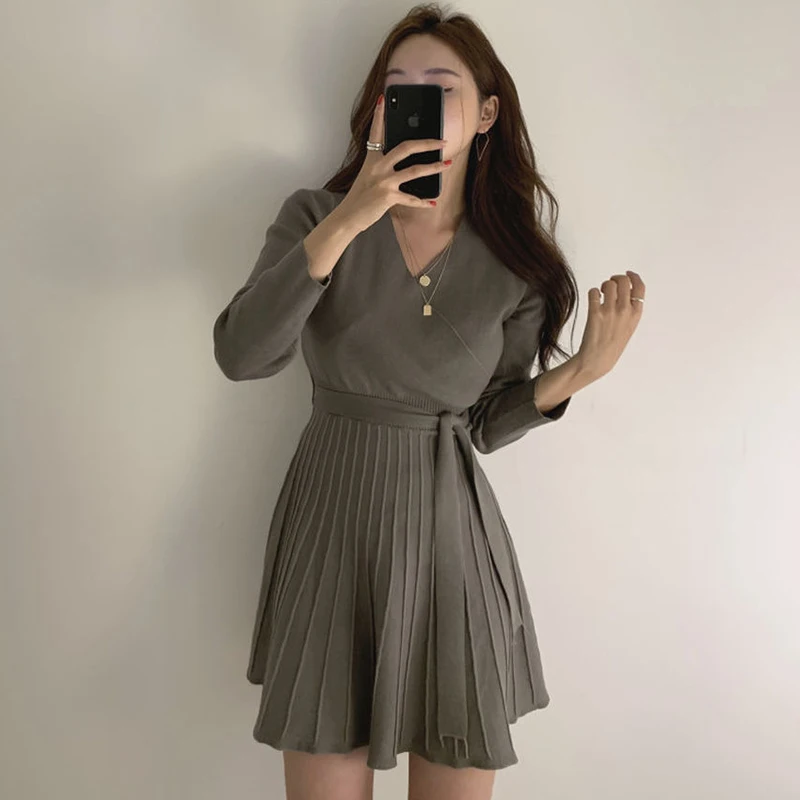 

Stylish V-neck Lace Up Knitted Dress Women Full Sleeve Office Ladies A Line Sweater Dress Female Knitting Vestidos