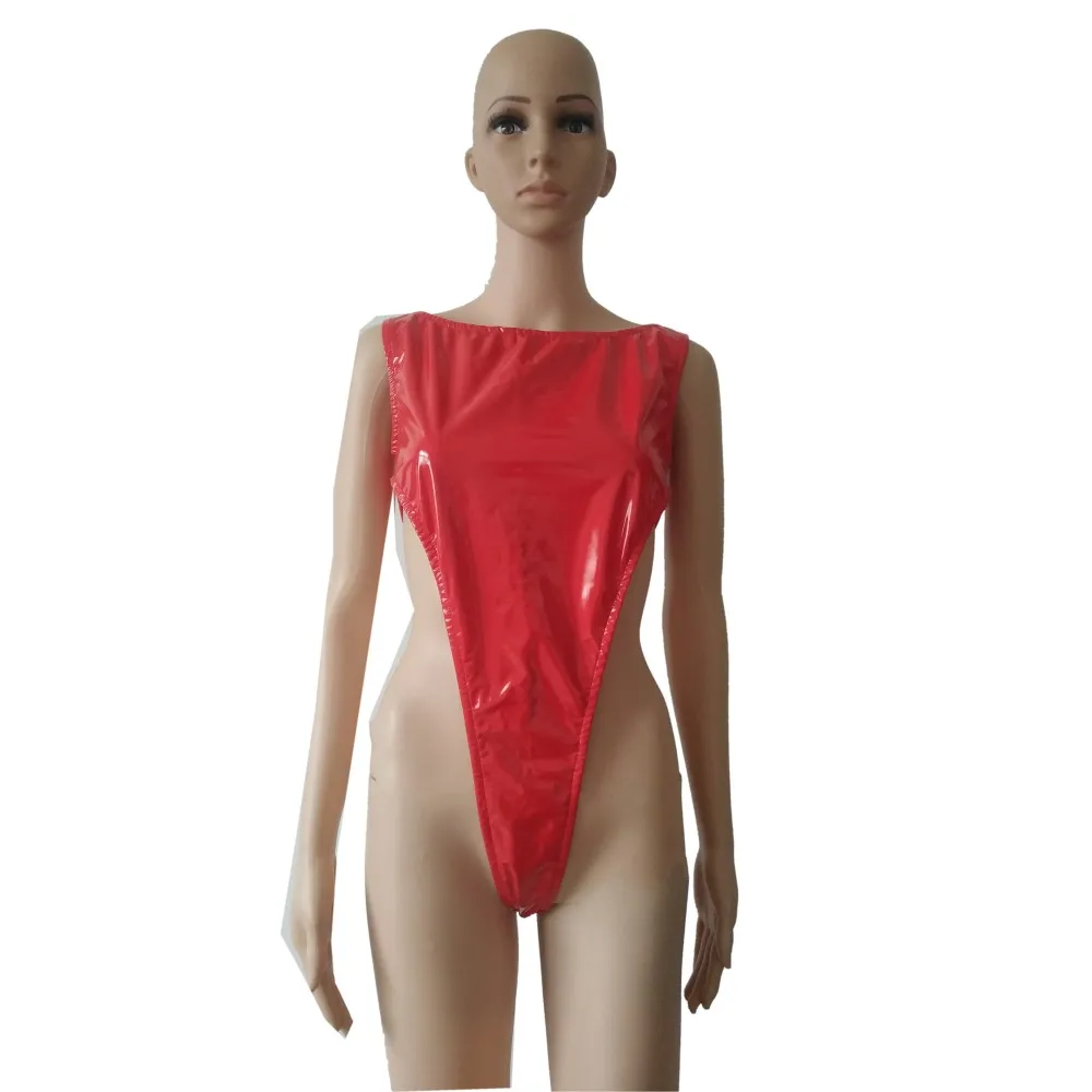 

High cut One Piece Swimsuit Bathing bodysuit women's girls Shiny PVC faux leather Bikini wetlook tights