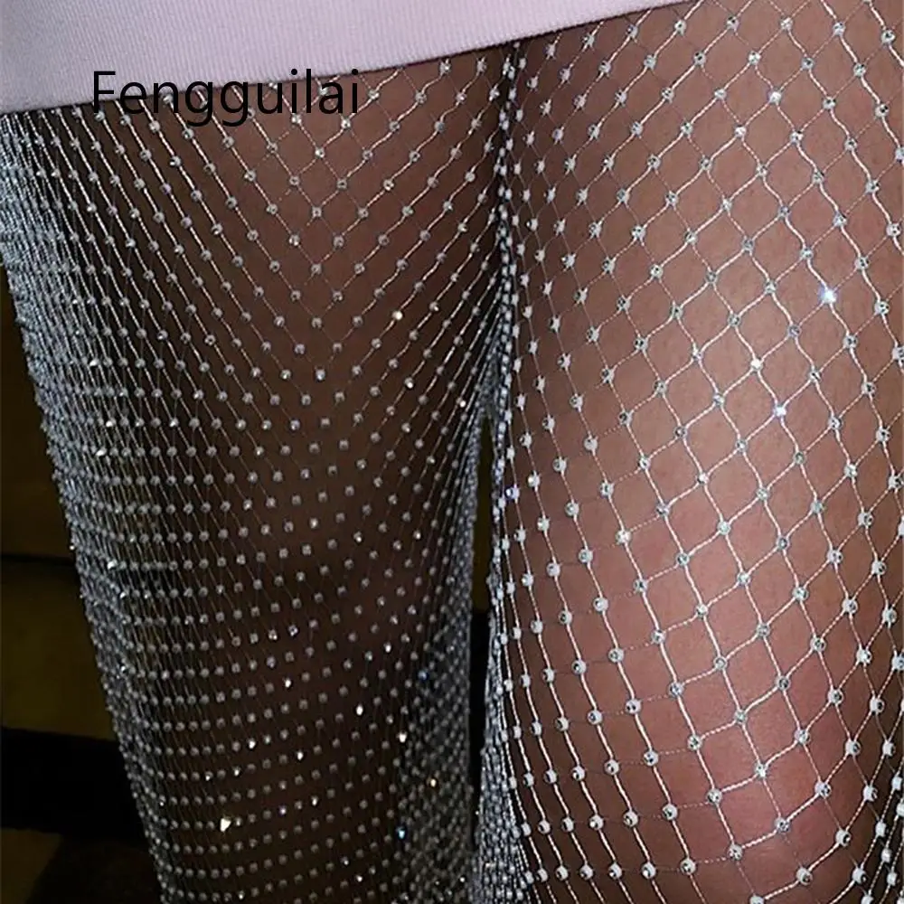 

FENGGUILAI Women's Ladies Fishnet Mesh Rhinestone Sling Crop Tops+Long Trousers Summer Sexy Diamonds Party See-through Wrap Suit