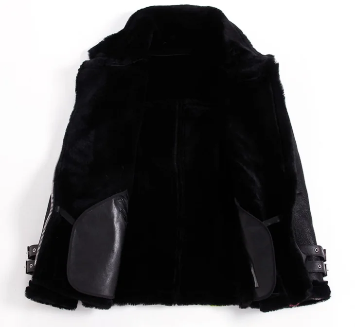 new 2022 winter lovers designer leather genuine sheepskin leather motorcycle jacket couple wool fleece lined coat black xxl