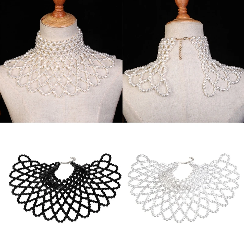 

Women Imitation Pearl Beaded Bib Choker Necklace Body Chain Shawl Collar Jewelry Female Party Luxurious Decorative Costume Acces