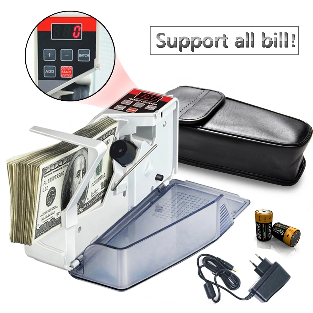 

V40 Portable Mini Cash Count Money Currency Counter Counting All Bill EU Handy Bill Cash Banknote Counter with Leather Bag