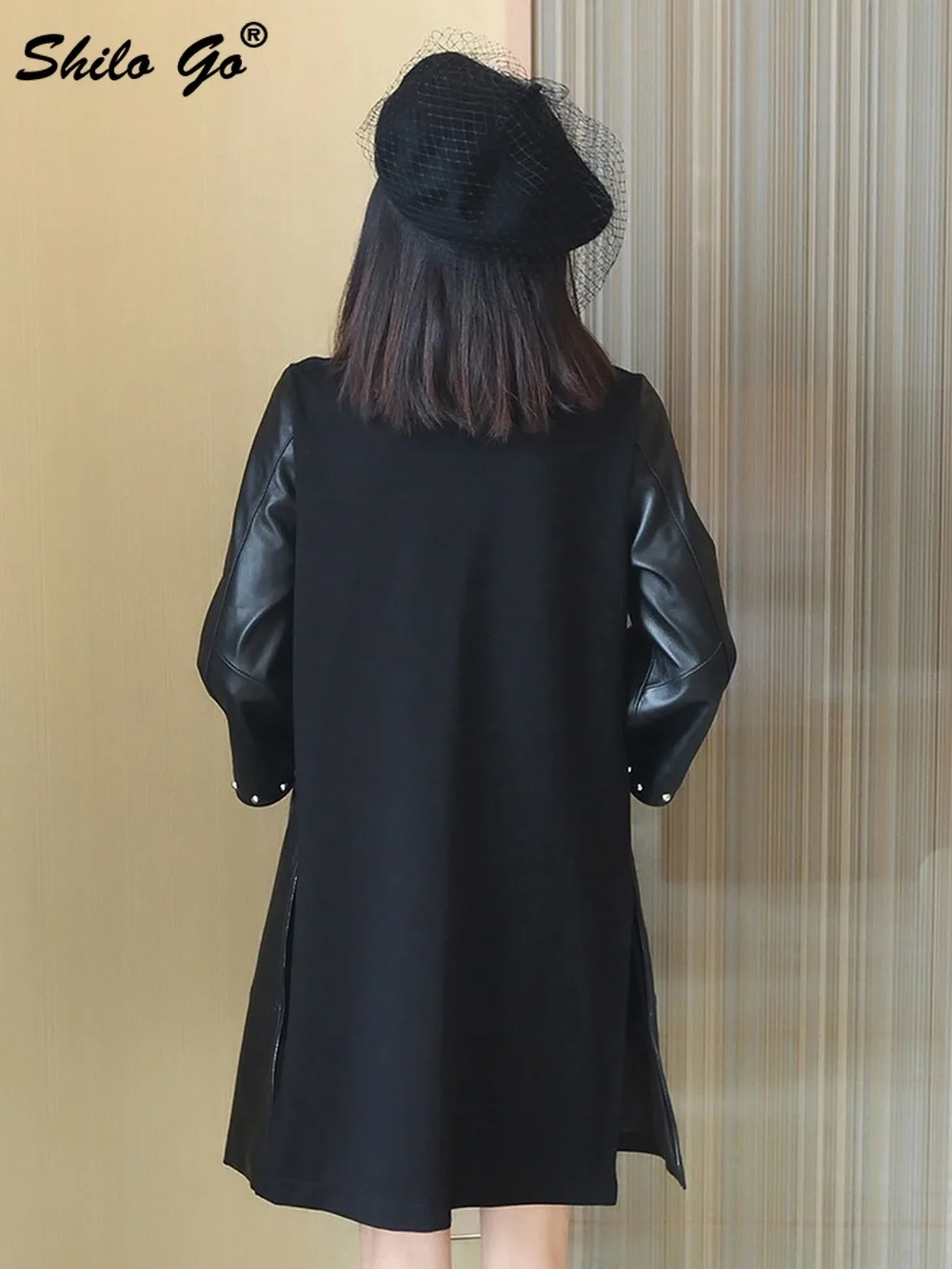 

Elegant Rivets Detail Three Quarter Flare Sleeve Long Coat Women Winter Office Lady Genuine Leather Coat Black Sheepskin Outwear