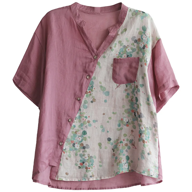 

Max LuLu Japan 2021 Summer Style Blouses Ladies Pink Patchwork Elegant Tops Women Casual Linen Shirts Female Clothing Big Size