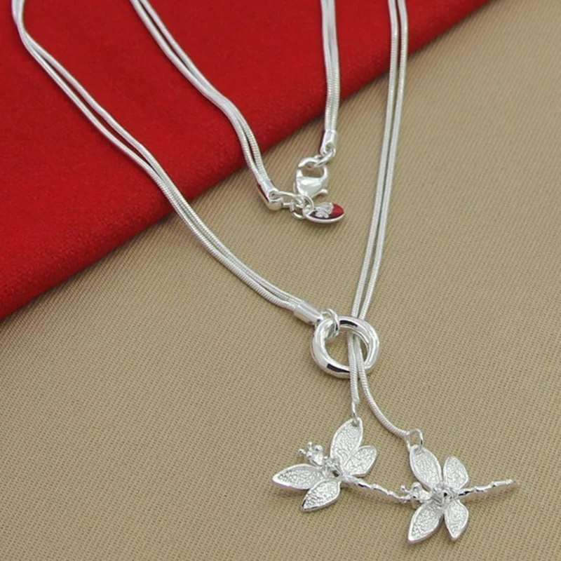 High Quality 925 Sterling Silver Necklace 2 Dragonfly Pendant Necklaces for Woman Party Charm Jewelry Gift