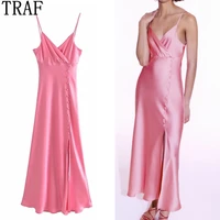 traf summer dress woman za 2021 pink satin long dress women black backless slip sexy party dresses red midi elegant dresses