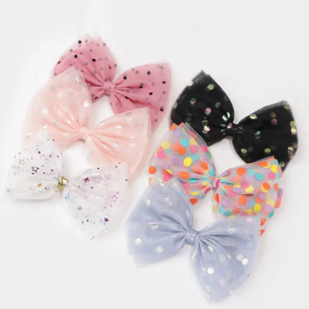 Lazos de hilo de punto de lentejuelas para ni&ntilde;as, horquillas de Organza hechas a mano con Clips, tocado de Boutique para ni&ntilde;os, accesorios para el cabello-0