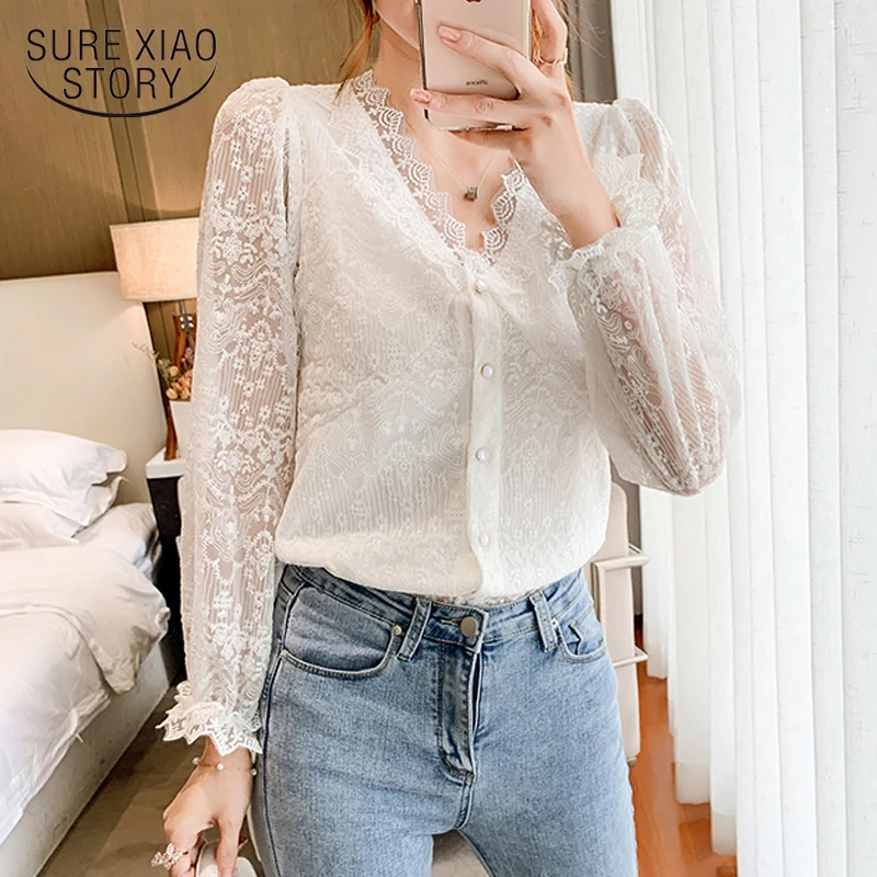 

Fashion V-Neck Lace Shirts New Crochet Flower Elegant White Blouse Women 2021 Autumn Vintage Long Sleeve Button Top Blusas 11907