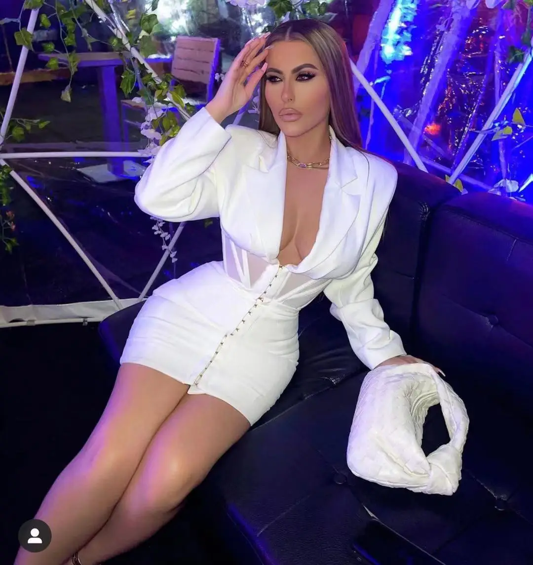 

Осеннее новое белое сексуальное Сетчатое мини-платье с глубоким V-образным вырезом и длинным рукавом 2021 женское сексуальное платье для ночн...