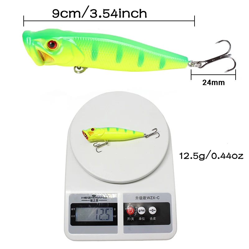 

5pcs Popper Fishing Lure wobblers 9cm 12.5g 3D Eyes Crankbait Artificial plastic Hard Bait Bass Pesca Carp Fishing Tackle
