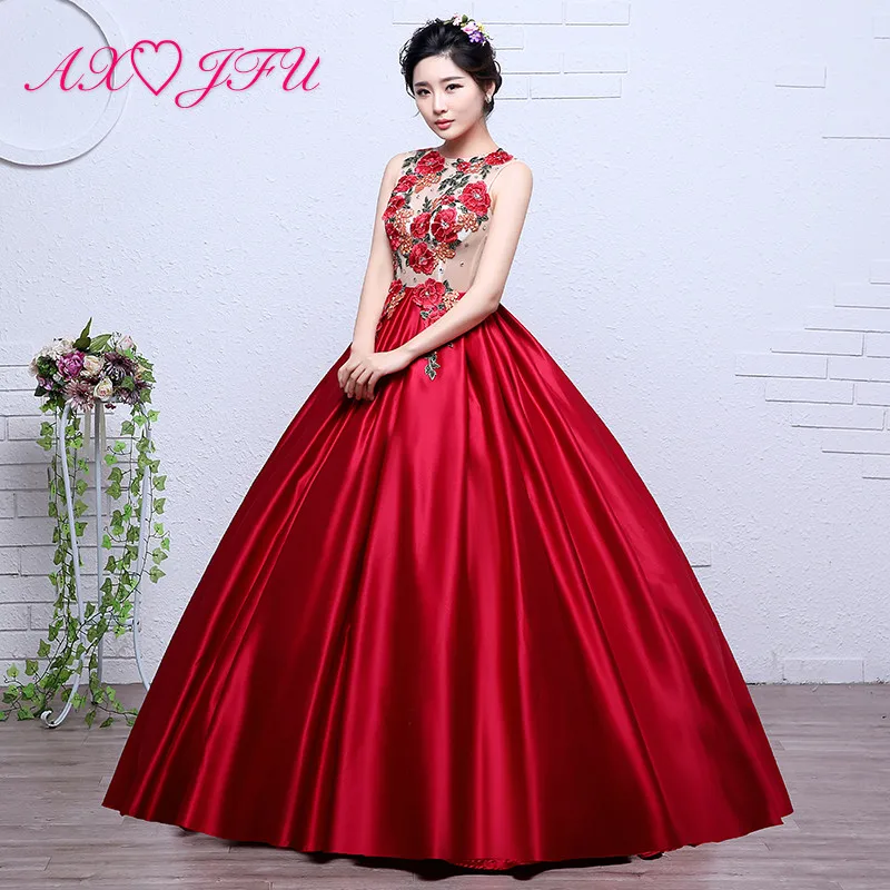 

AXJFU luxury princess red lace evening dress vintage o neck beading flower sleeveless ball gown stage bride red evening dress