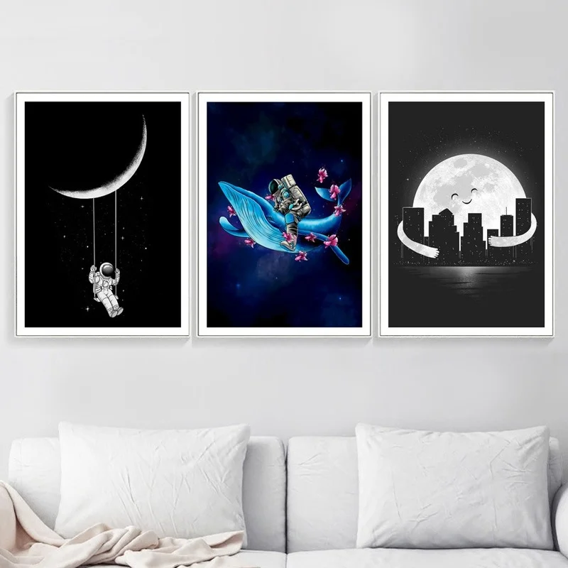 

Nordic Abstract Astronaut Wall Art Poster Modern Moon Ship Whale Canvas Painting Black Picture Home Decor for Children's Room