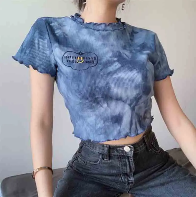 

Европейские Женские винтажные милые новые обтягивающие базовые короткие футболки с принтом в стиле Tie Dye, топы, женские модные повседневные ...