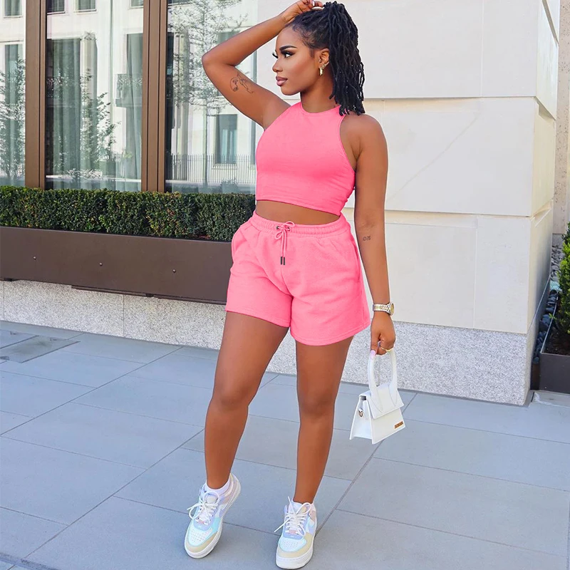 

Fitness Sportswear Two Piece Shorts Sets Women's Tracksuit Sleeveless Slim Fit Crop Top+Casual Shorts Sweat Suit Sporty Clothing