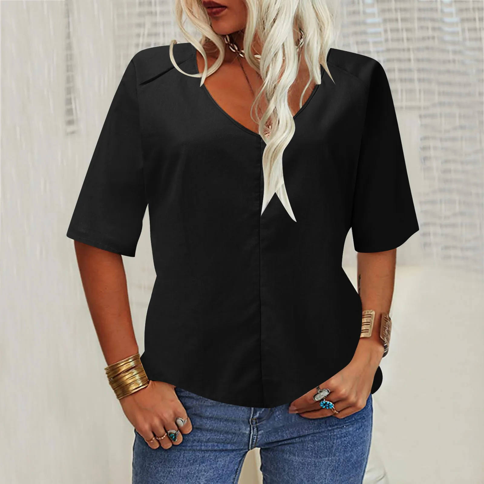 

Summer Basic Black V-Neck Short Sleeve Top Blouses Women Fashion Half Sleeve Tee Shirt Female Casual Basic Tshirts Top