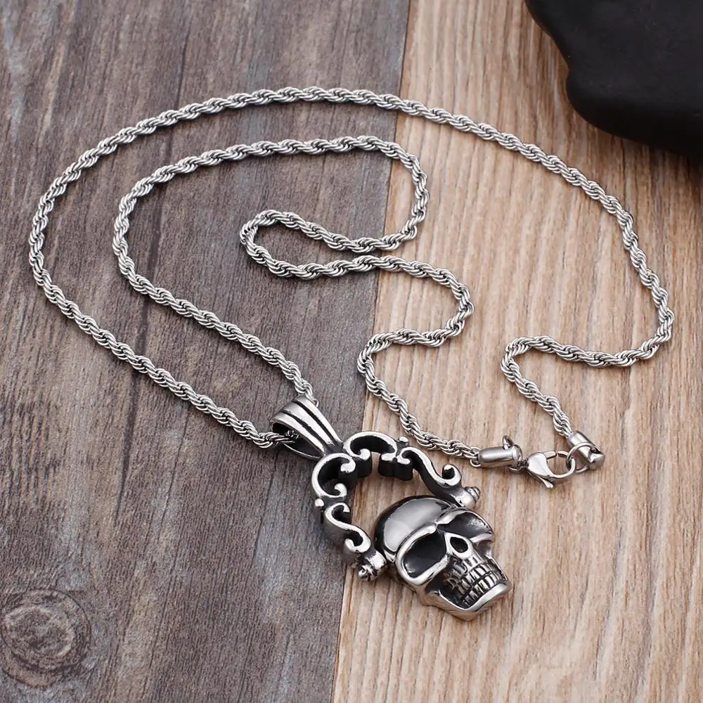

Fongten Gothic Style Punk Skull Head Pendant Necklace Polishing Stainless Steel Hip Hop Nightclub Jewelry
