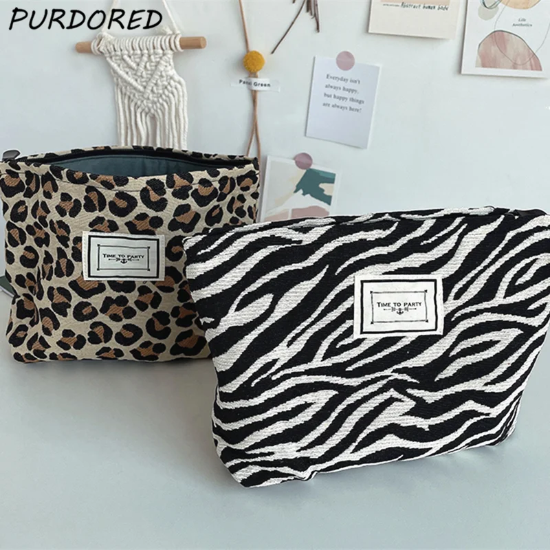 

PURDORED 1 Pc Women Leopard Cosmetic Bag Zebra Pattern Large Makeup Bag Travel Makeup Beauty Bag Storage Organizer Toiletry Bag