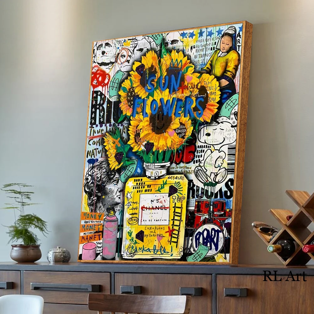

Modern Graffiti Art Posters and Prints on the Wall Canvas Art Painting Sunflower in Perfume Bottle Picture for Living Room Decor
